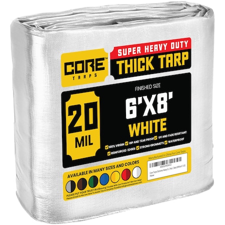 Core Tarps Heavy Duty Tarp, 8 ft L x 0.5 mm H x 6 ft W, 20 Mil, White, Polyethylene CT-704-6X8
